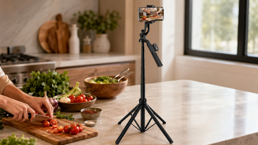 Phone tripod filming a cooking video on a kitchen countertop