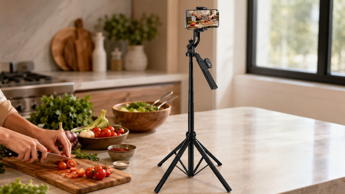Phone tripod filming a cooking video on a kitchen countertop