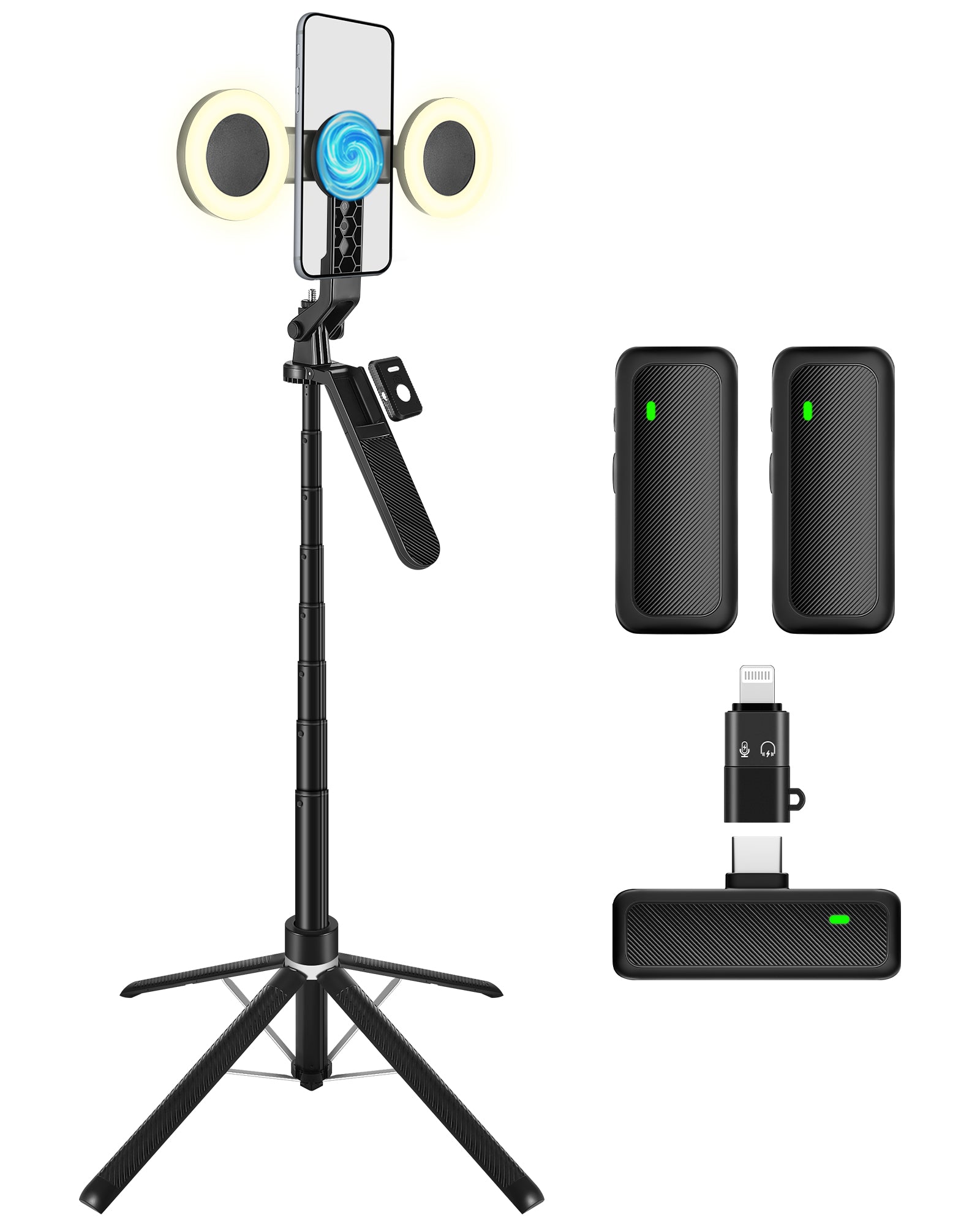 VLOGARA 3-in-1 vlogging kit with 71-inch tripod, lights, microphones, and remote
