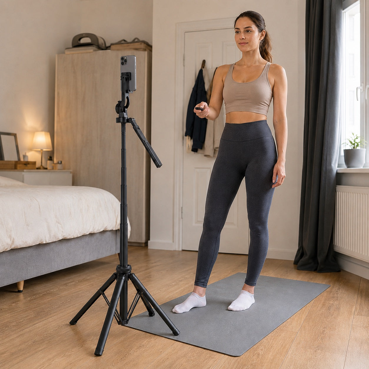 Creator using a VLOGARA phone tripod and Bluetooth remote for a solo workout recording