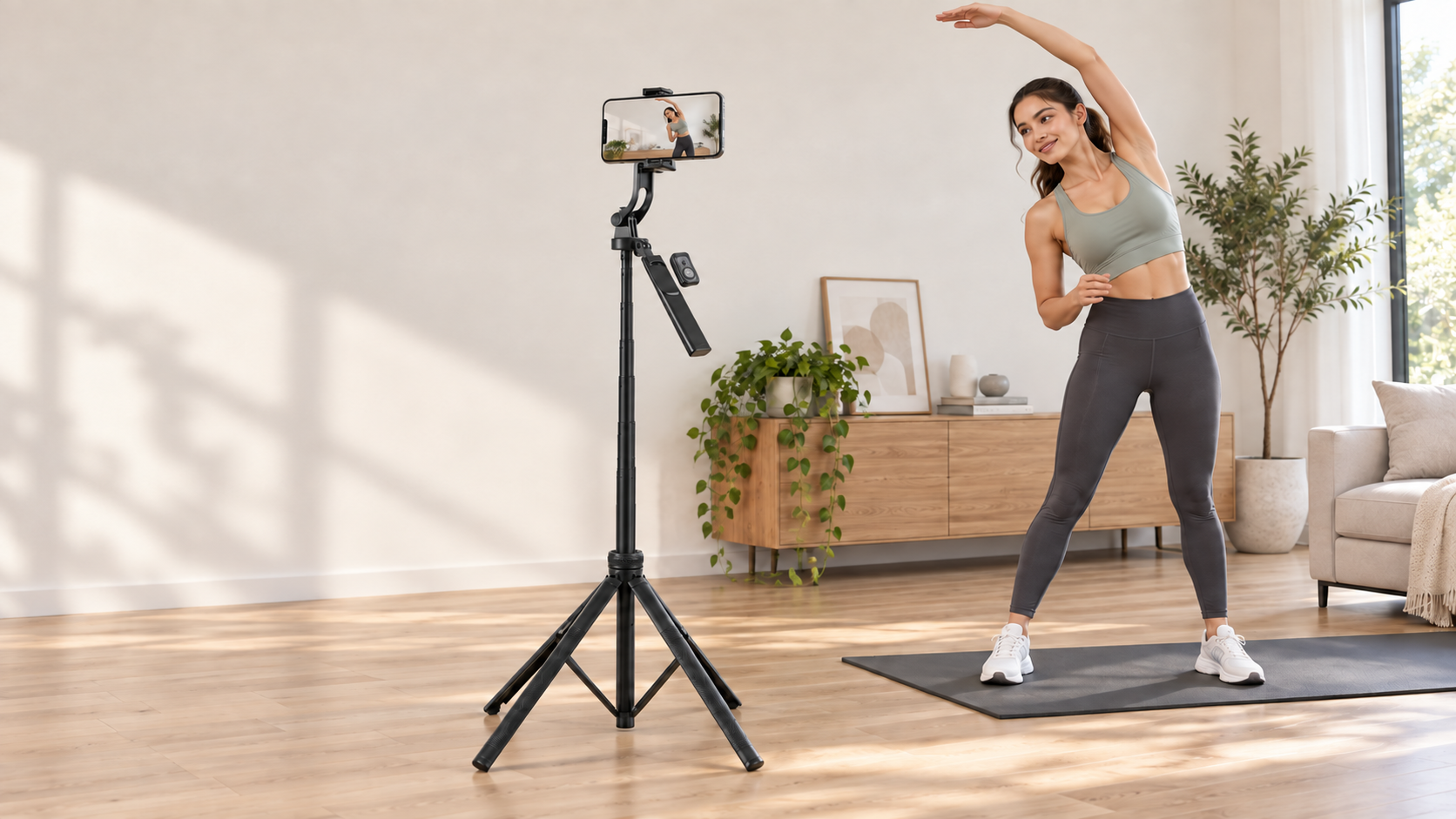 A solo creator filming a workout with a VLOGARA phone tripod in a sunlit room