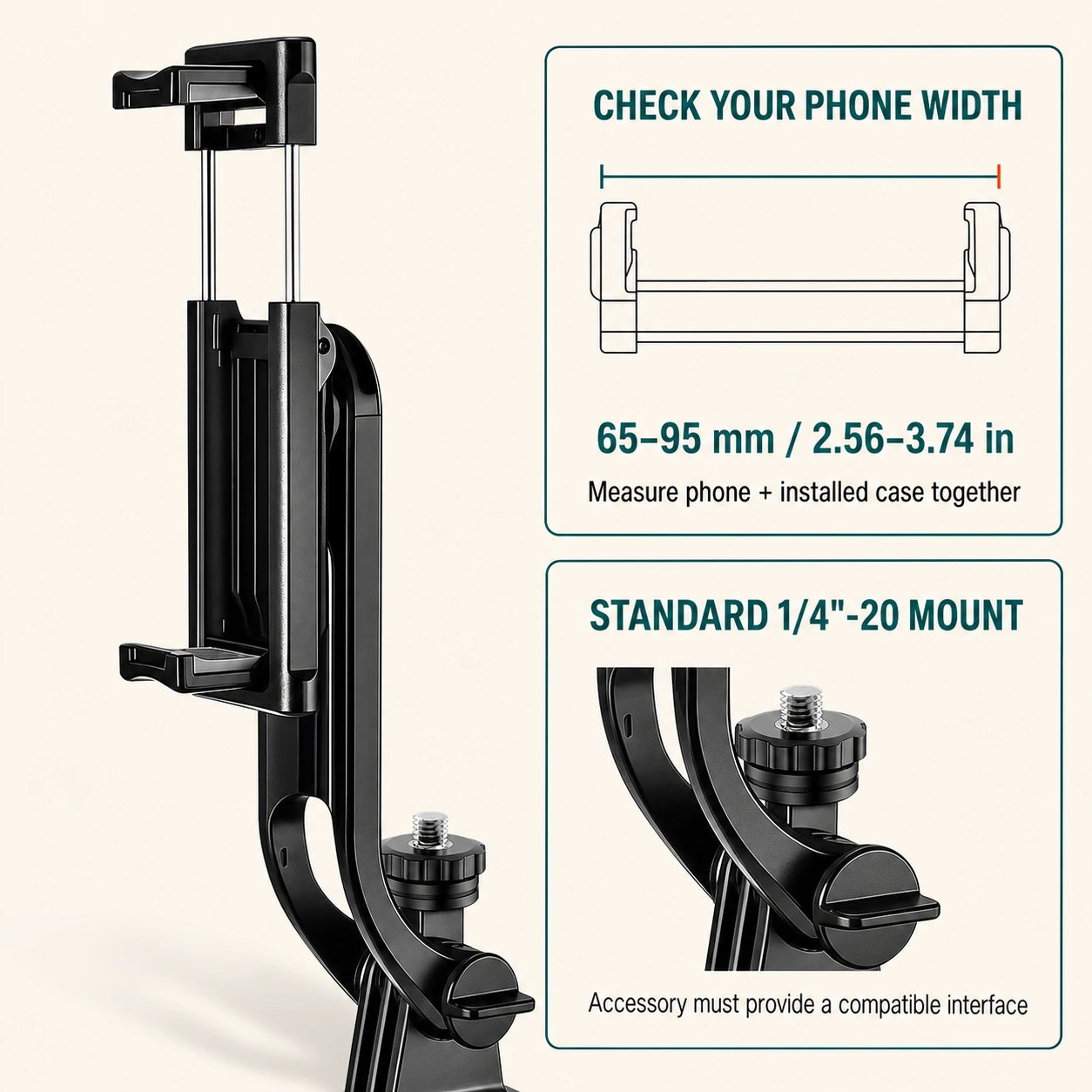 SAST102 65 to 95 millimeter phone fit and standard quarter-inch-20 mount