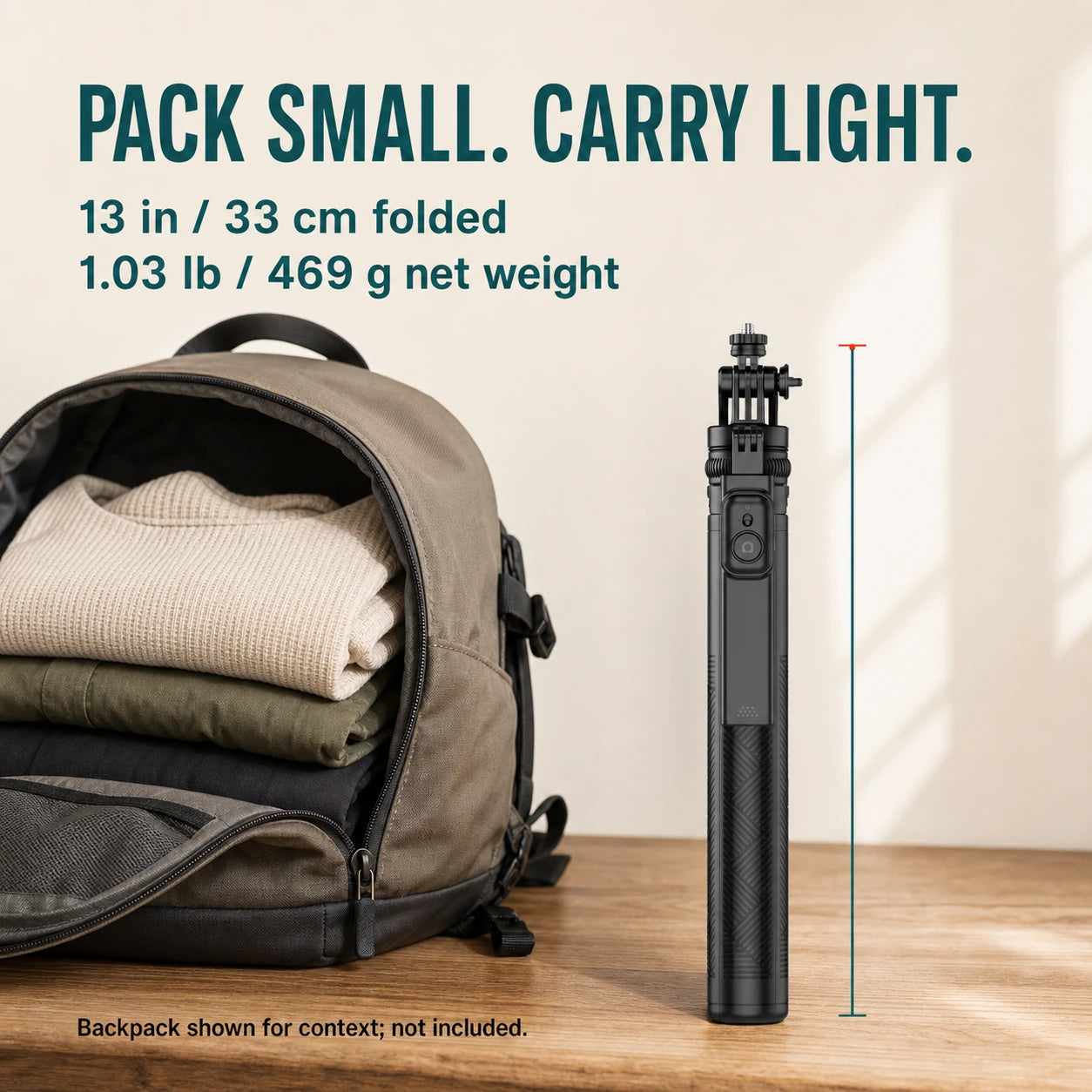 SAST102 folded to 13 inches at 1.03 pounds beside a backpack that is not included